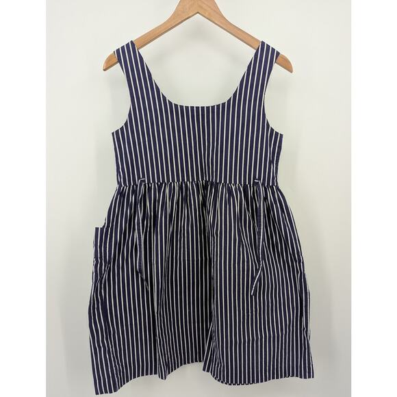Vintage Laura Ashley Blue White Striped Pinafore Apron Small Dress HAS POCKETS - Picture 2 of 5